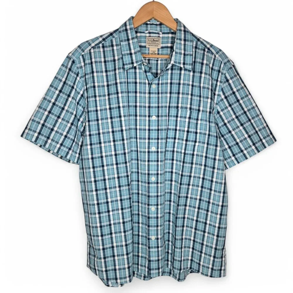 L.L.‎ Bean Aqua Blue Seersucker Shirt Men's Button Up Slightly Fitted Summer L